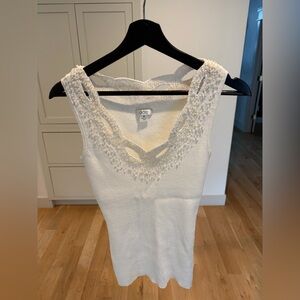 Cache Cotton-Metallic Blend White Ribbed Top with Beaded Trim